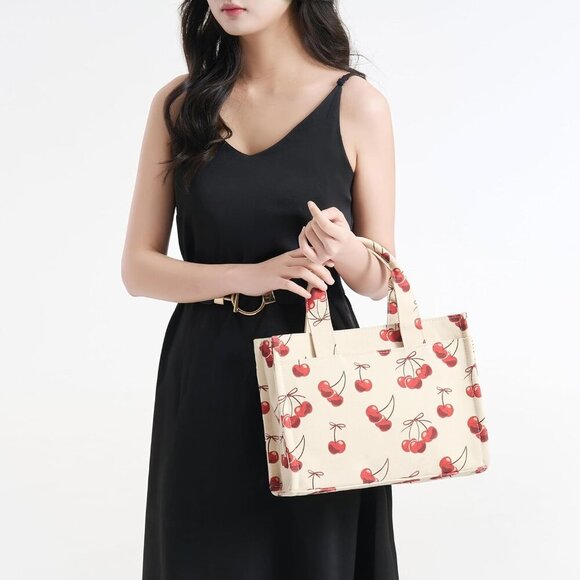 Lightweight Women's Cherry Print Canvas Crossbody Tote – Stylish & Functional - Picture 2 of 7
